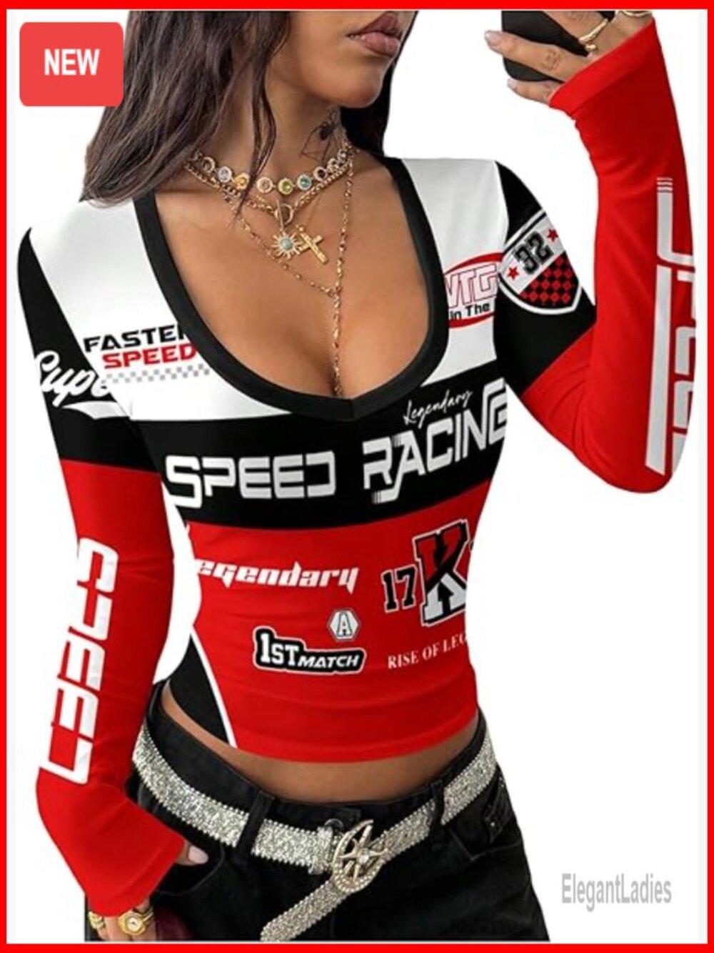 Speed Racing Red & White Long Sleeve V-Neck Tee